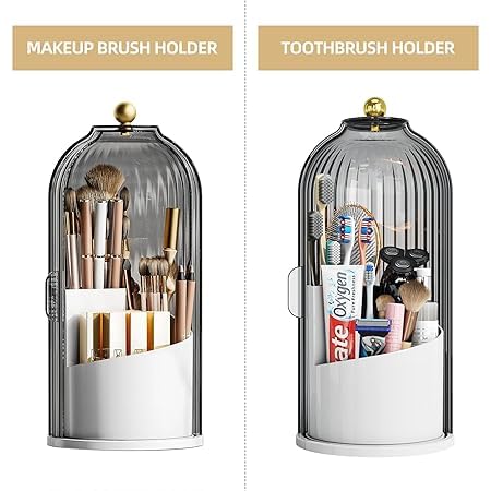Toothbrush Holder with Lid Bathroom Organizer Countertop, Rotating 3 Slots Electric Tooth Brush Toothpaste Holder Bathroom Counter Stand Sink Organizer Caddy for Vanity Makeup Brushes (Grey)