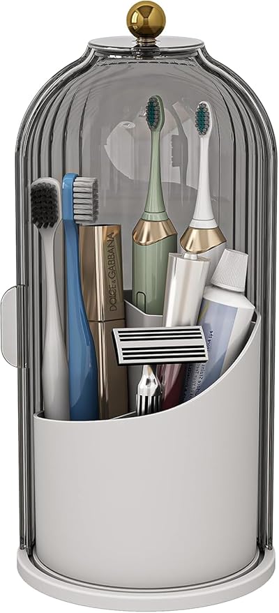 Toothbrush Holder with Lid Bathroom Organizer Countertop, Rotating 3 Slots Electric Tooth Brush Toothpaste Holder Bathroom Counter Stand Sink Organizer Caddy for Vanity Makeup Brushes (Grey)