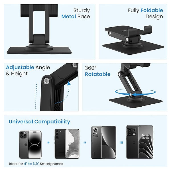 360° Rotatable Foldable Metal Phone Holder (Adjustable Height Desktop Stand)