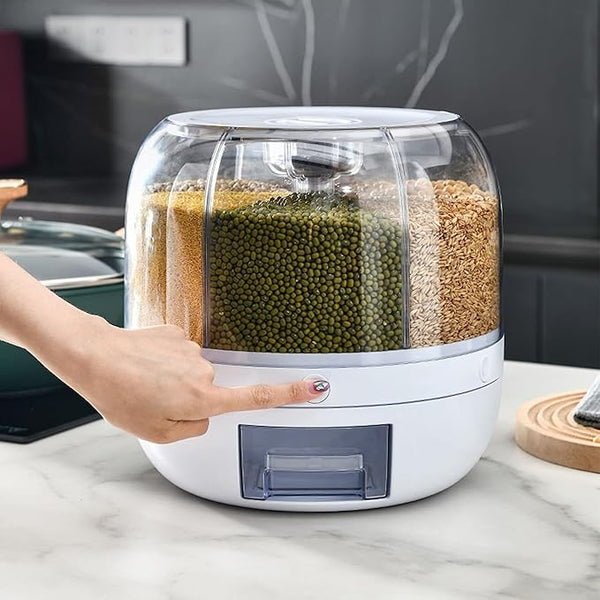 360° Rotating 6-Grid Grain Storage Dispenser (One-Press Rice & Dal Container)
