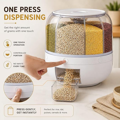 360° Rotating 6-Grid Grain Storage Dispenser (One-Press Rice & Dal Container)
