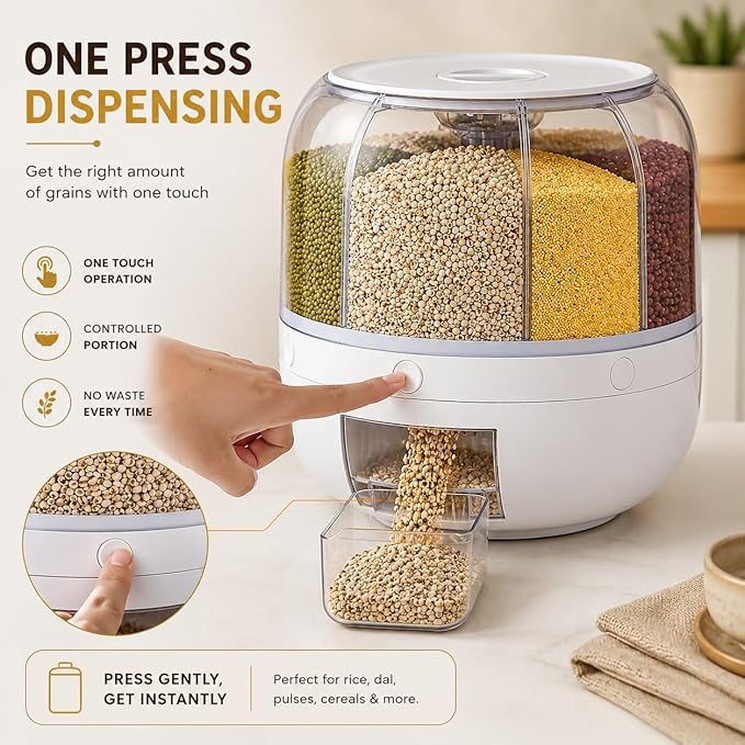 360° Rotating 6-Grid Grain Storage Dispenser (One-Press Rice & Dal Container)