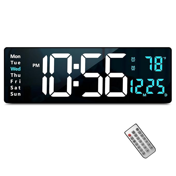 16.2" Ultra-Large LED Digital Wall Clock with Remote Control (Cyan Blue Edition)