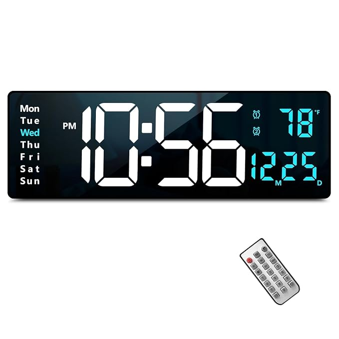 16.2" Large LED Digital Wall Clock with Remote Control (Cyan Blue Edition)