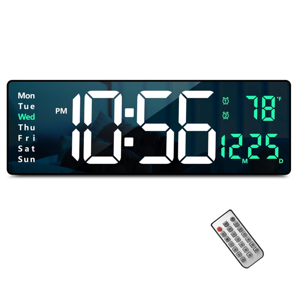 16.2" Large LED Digital Wall Clock with Remote Control and Auto Brightness Dimmer (Green Digit Edition)