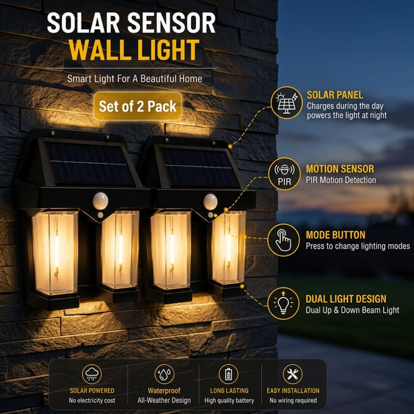 Solar Motion Sensor Wall Light – Dual-Sided Warm LED (Pack of 2)